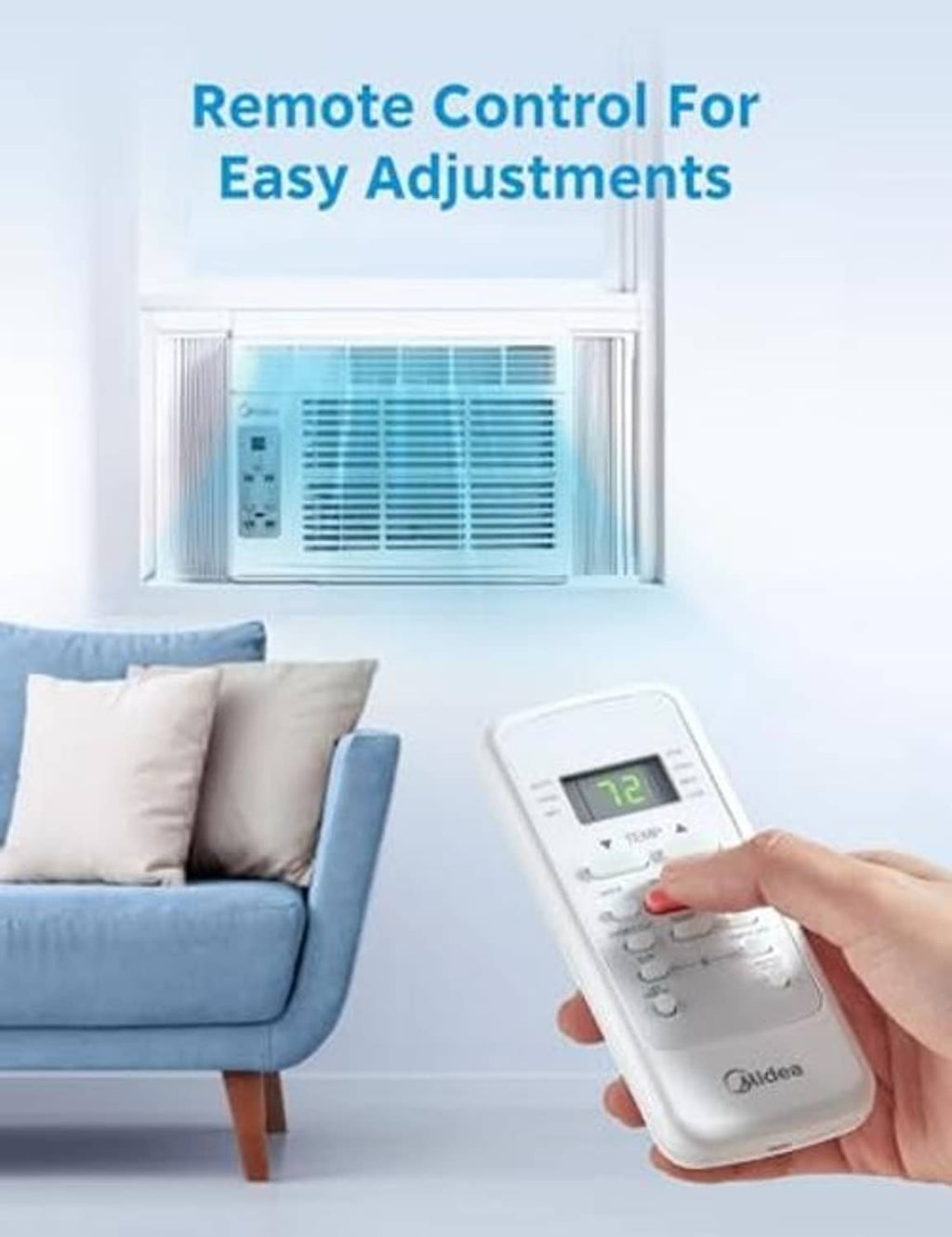 White window air conditioner with remote control featuring a small display and buttons.