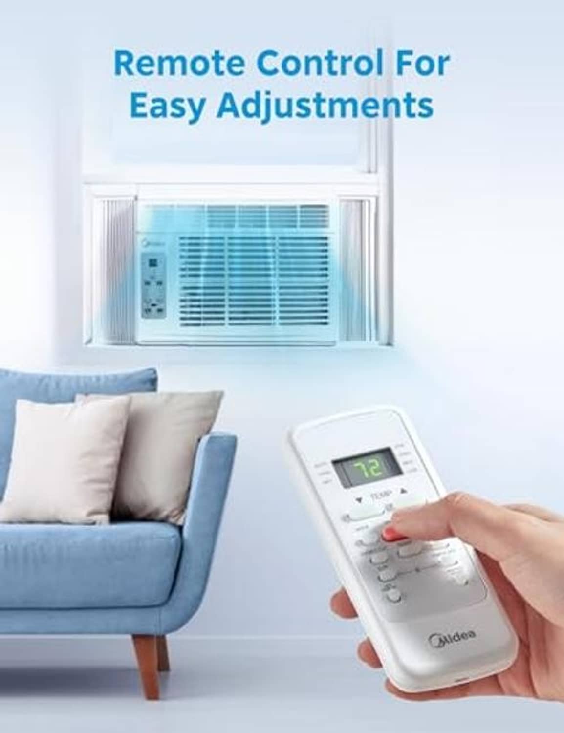 White window air conditioner with remote control featuring a small display and buttons.