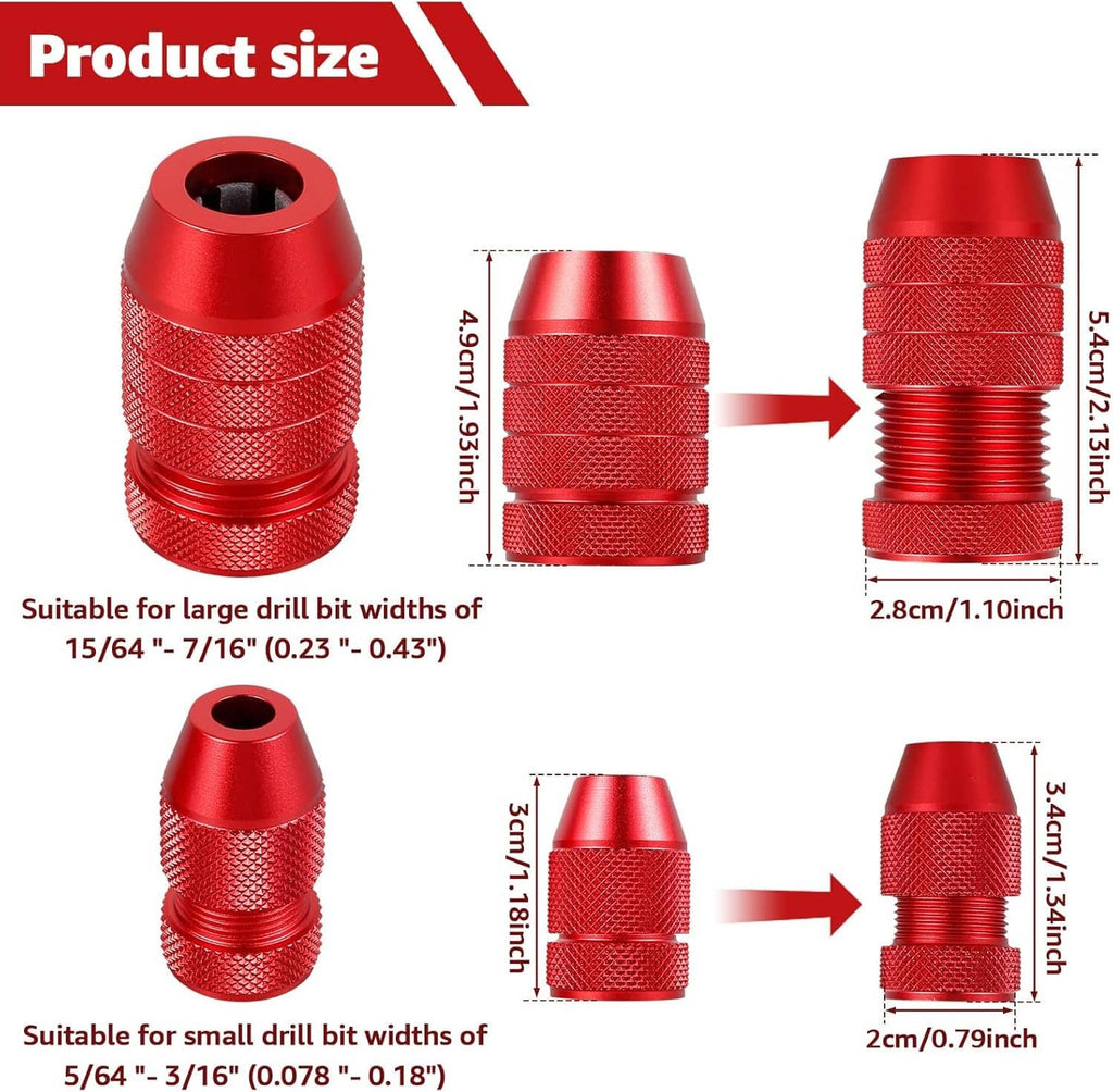 Red drill depth stop collars in different sizes with measurement arrows