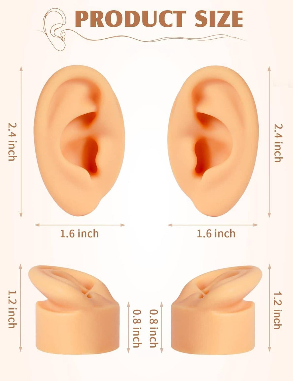 Two soft silicone ear models with size diagram: left and right, skin-tone peach