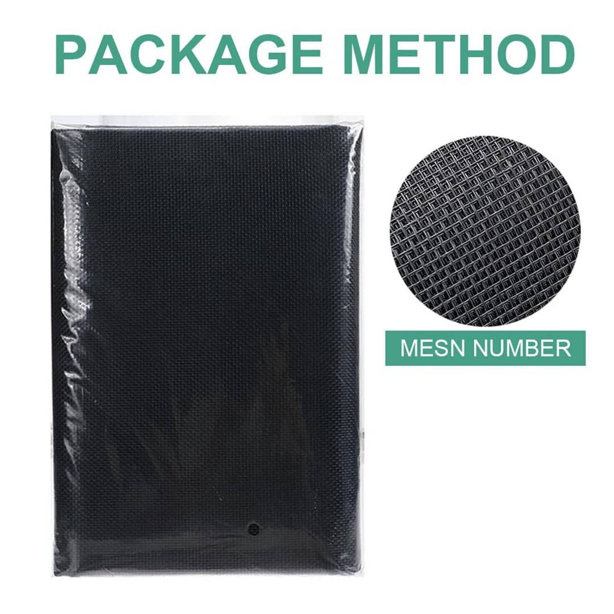 Packaged charcoal gray pet window screen mesh sheet with close-up of woven grid