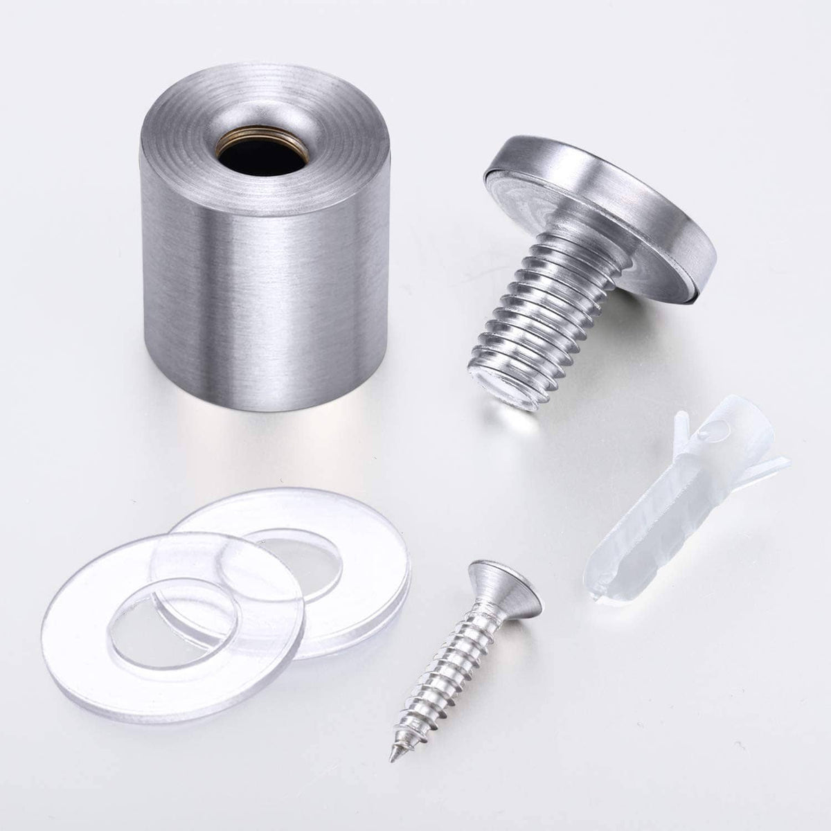 Silver sign standoff screws kit: cylindrical spacers, threaded studs, and caps