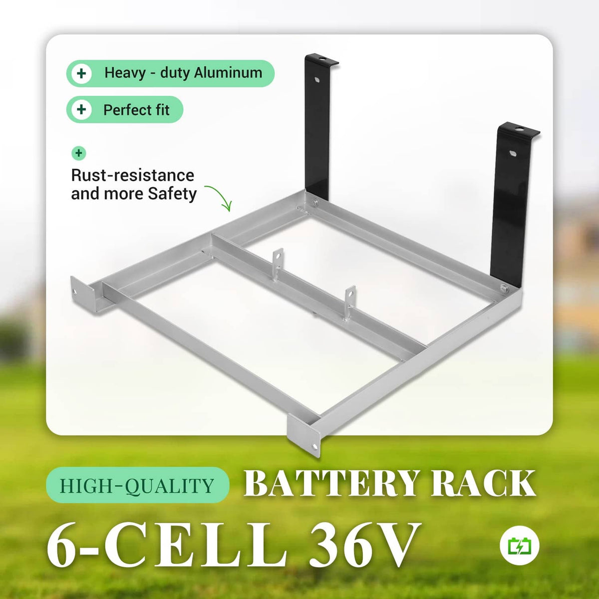 6-cell 36V aluminum battery rack with two black mounting brackets and open frame