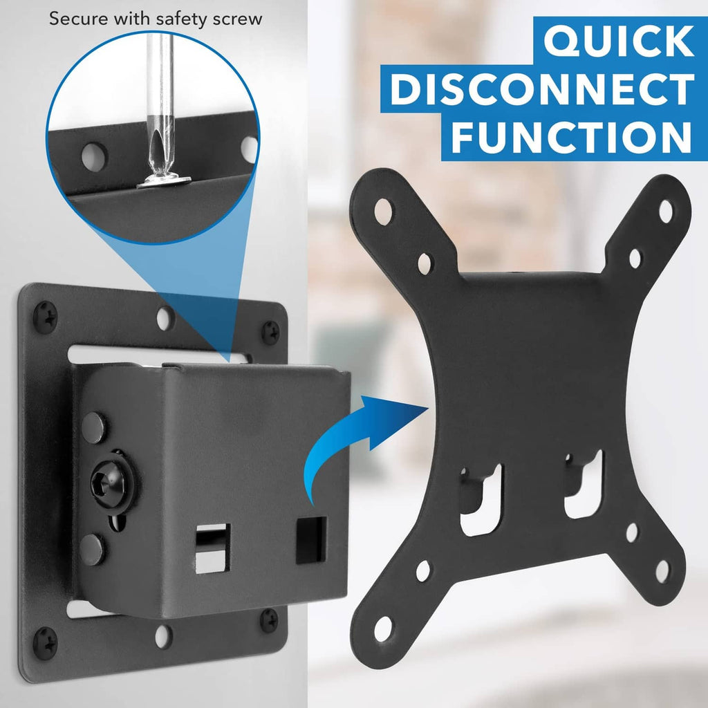 Quick disconnect TV wall mount with safety screw, showing detachable wall plate