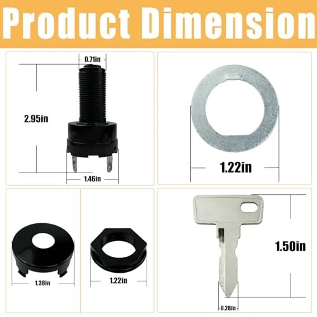 Ignition switch and keys dimension chart with measurements for cap, nut, and washers