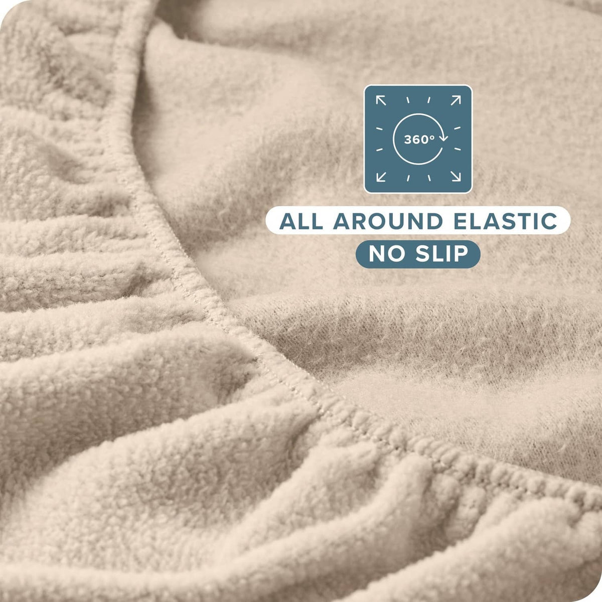 Plush fleece fitted bottom sheet with all-around elastic for a secure, no-slip hold.