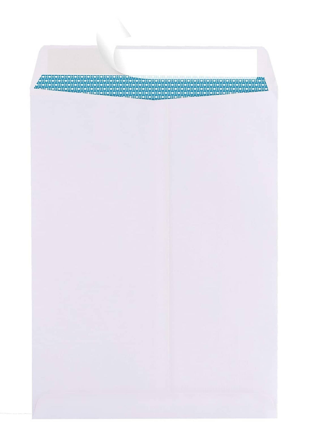 White 10x13 security envelope with open self-seal flap and blue strip