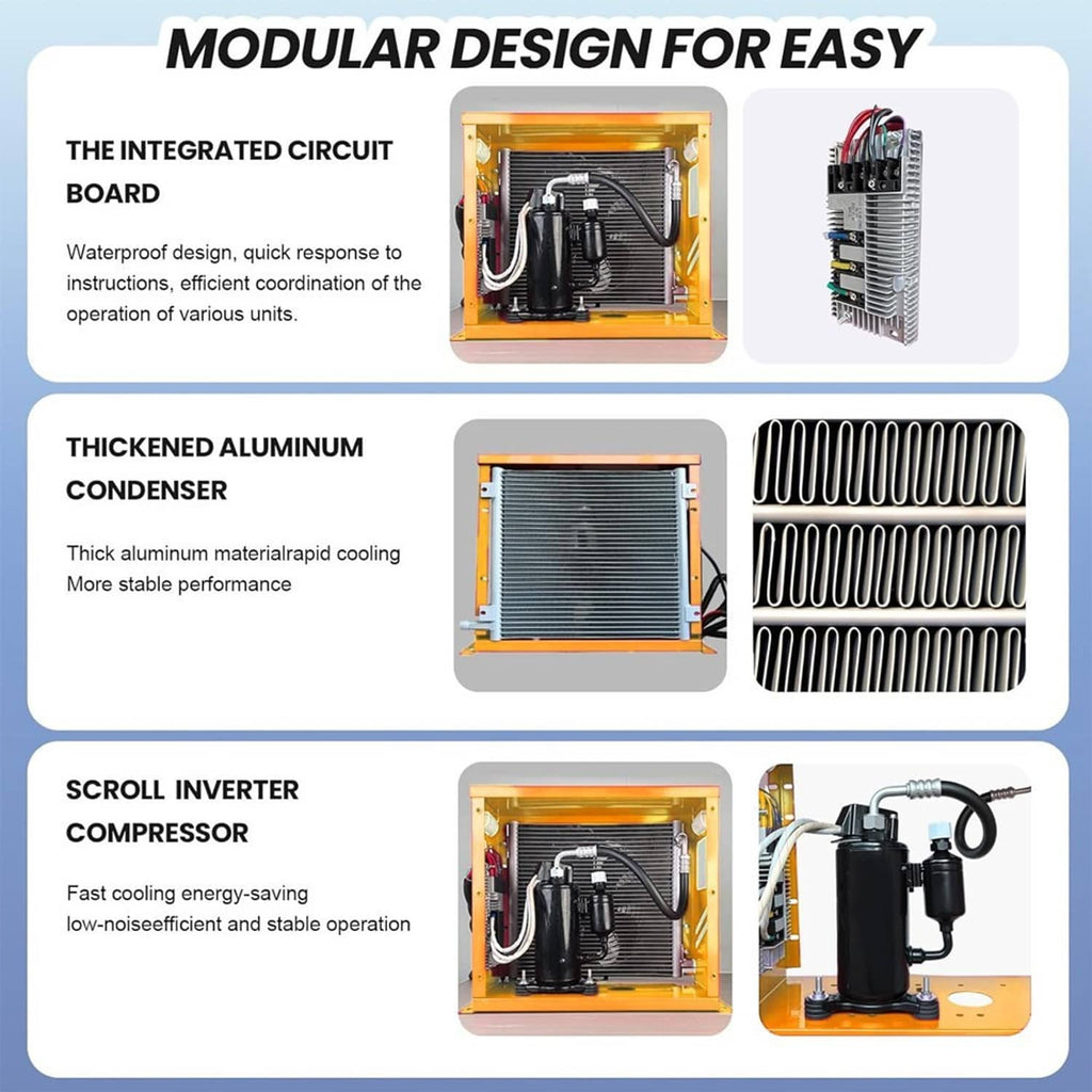 Air conditioner modular design parts: circuit board, aluminum condenser fins, inverter compressor