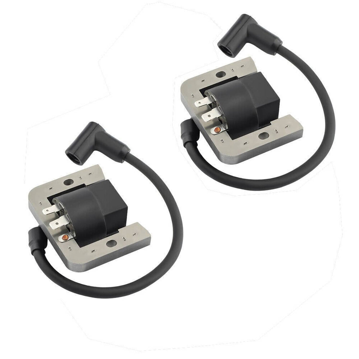Pair of ignition coils with black modules and gray metal plates, each with black boots