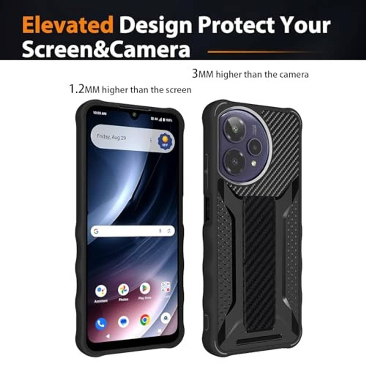 Black rugged phone case with carbon-fiber pattern, raised screen and camera edges