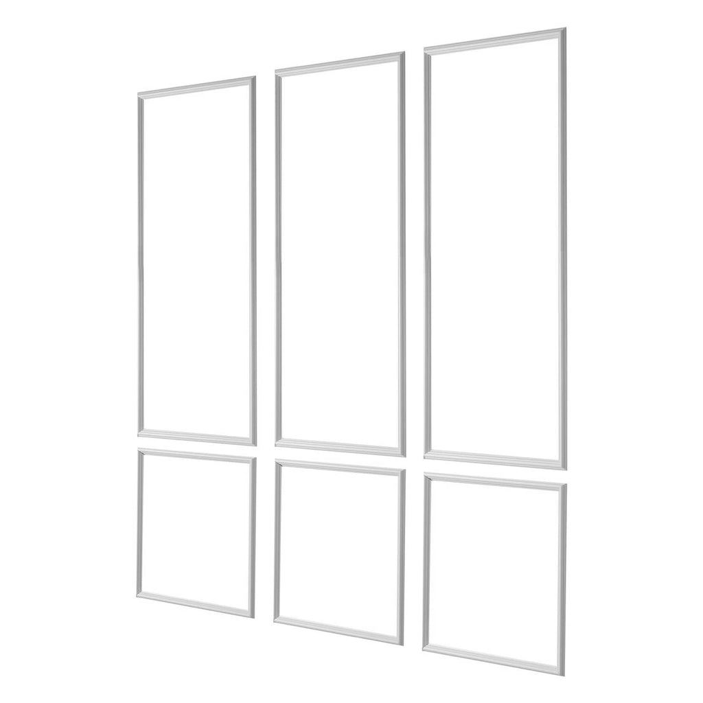 White decorative wall molding set with three tall frames and three square accents