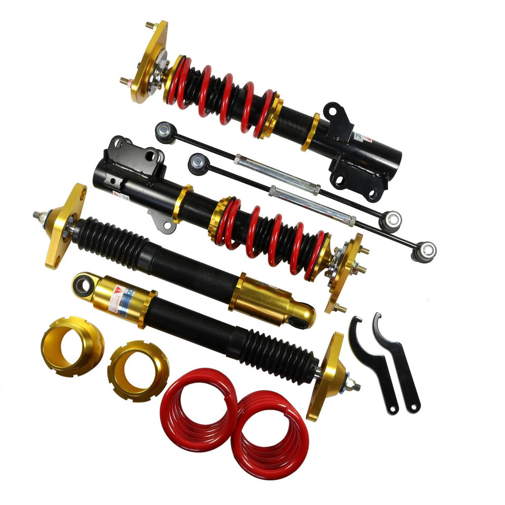 Coilover shock strut kit with red springs, gold housings, black rods, and brackets