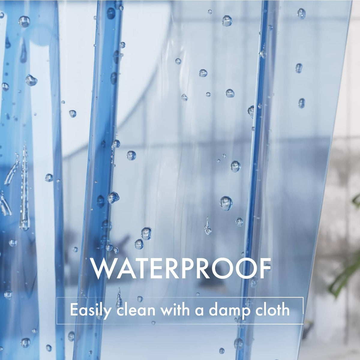 Clear blue shower curtain liner with water bead droplets for easy wipe cleaning