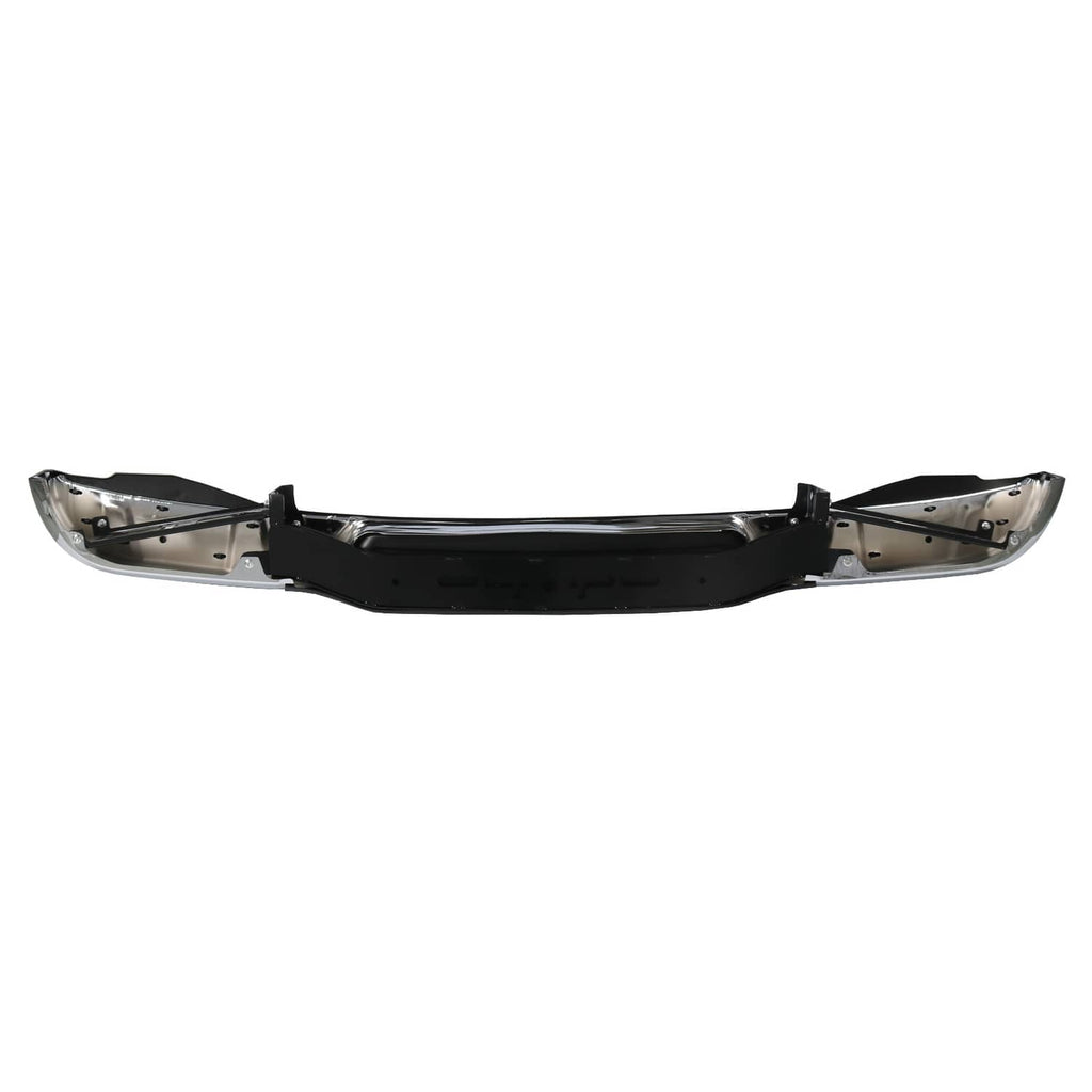 Rear bumper assembly with chrome end sections and black center panel