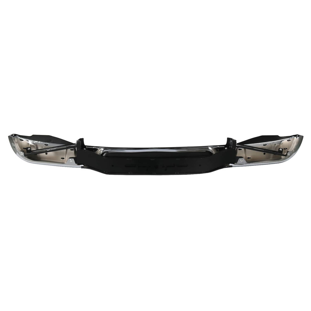Rear bumper assembly with chrome end sections and black center panel