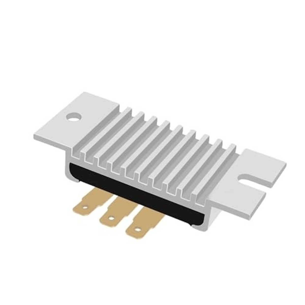 Voltage regulator rectifier with silver fin array, black insert, and gold bottom tabs