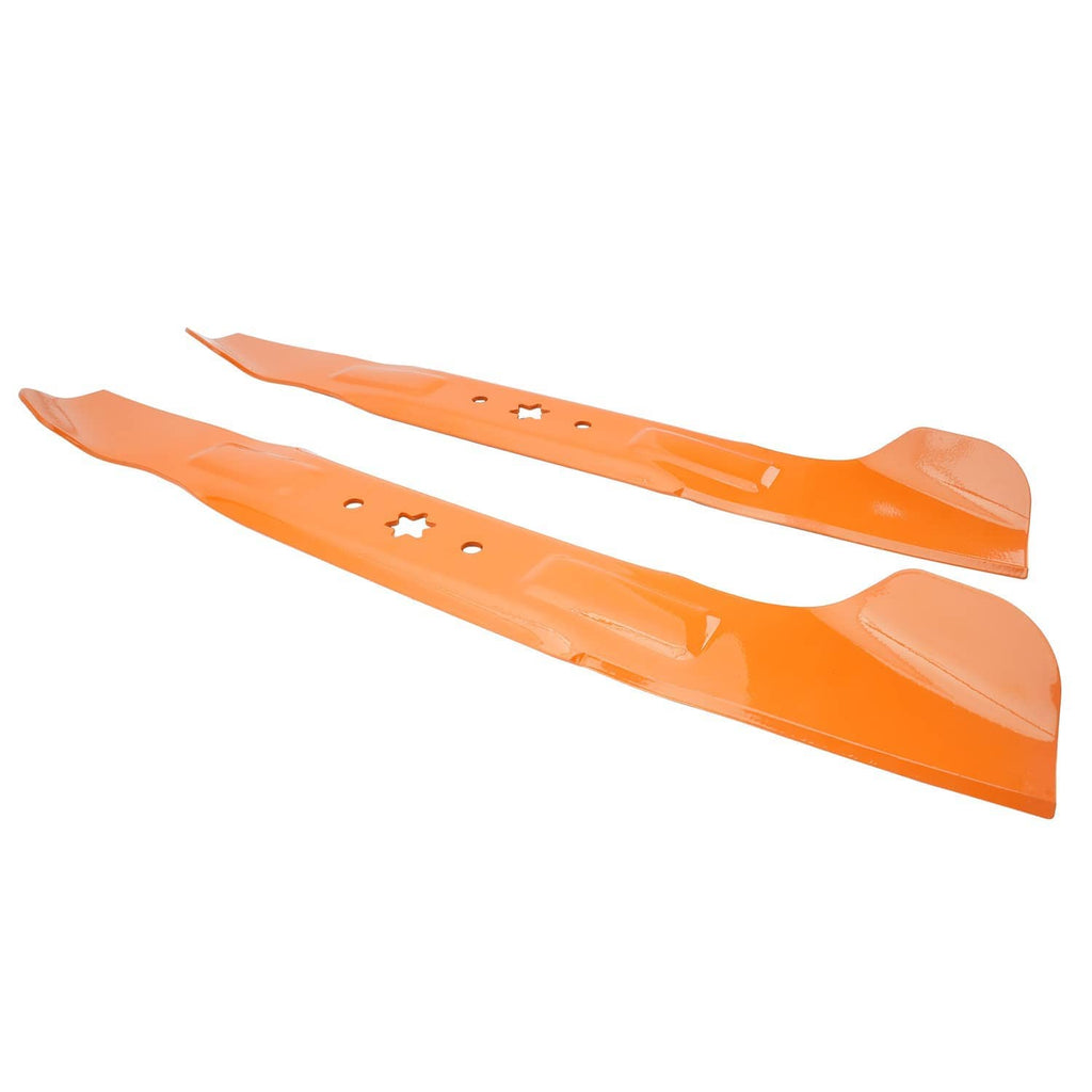 Pair of orange mower blades with 6-point star center and multiple mounting holes