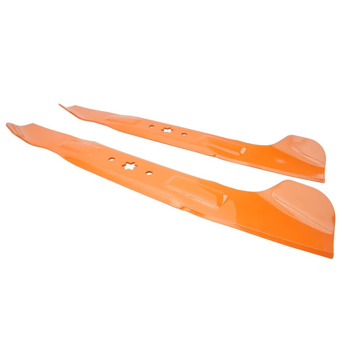 Pair of orange mower blades with 6-point star center and multiple mounting holes