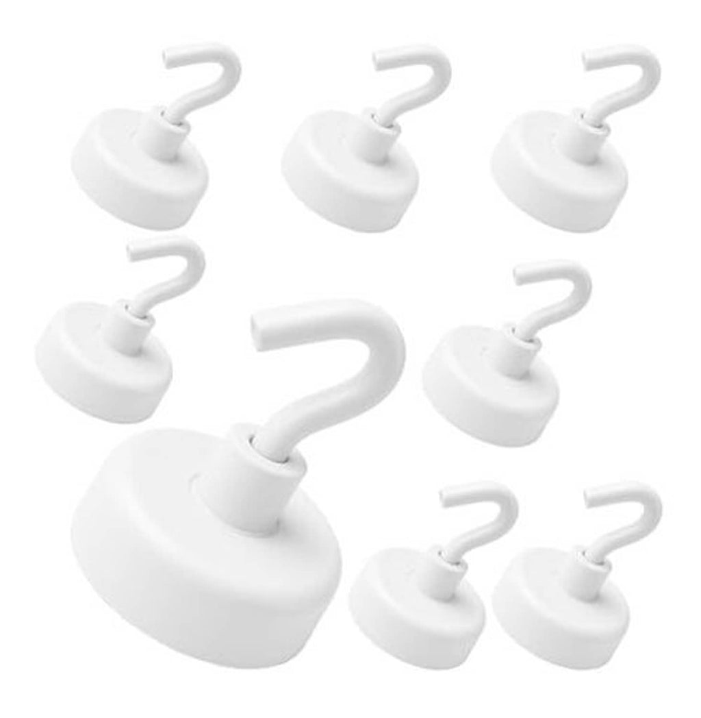 White magnetic hooks on circular bases, nine-piece layout with curved handles