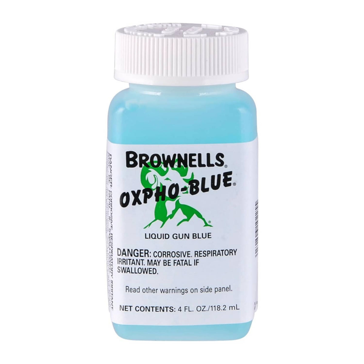 Gun bluing liquid bottle with white ribbed cap and light-blue front label