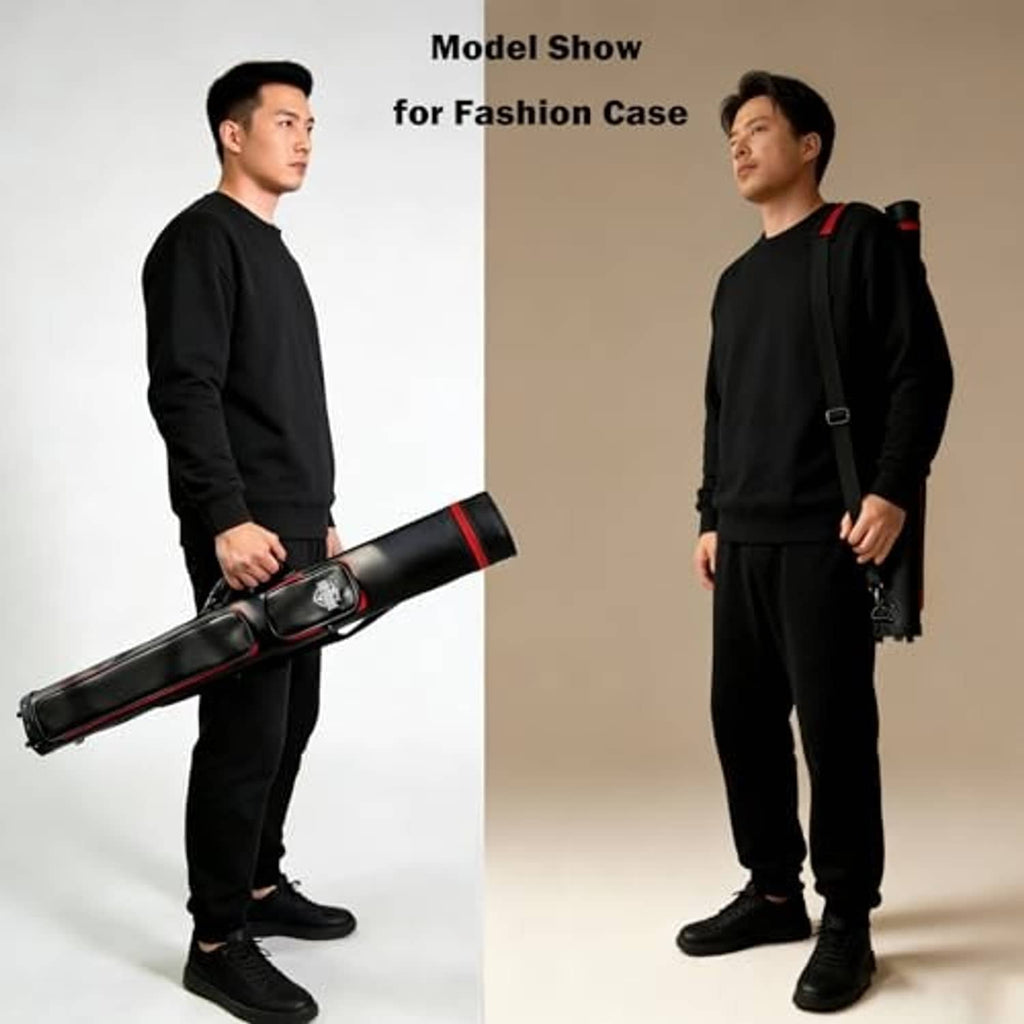 Black pool cue case with red trim, shoulder carry strap and end caps