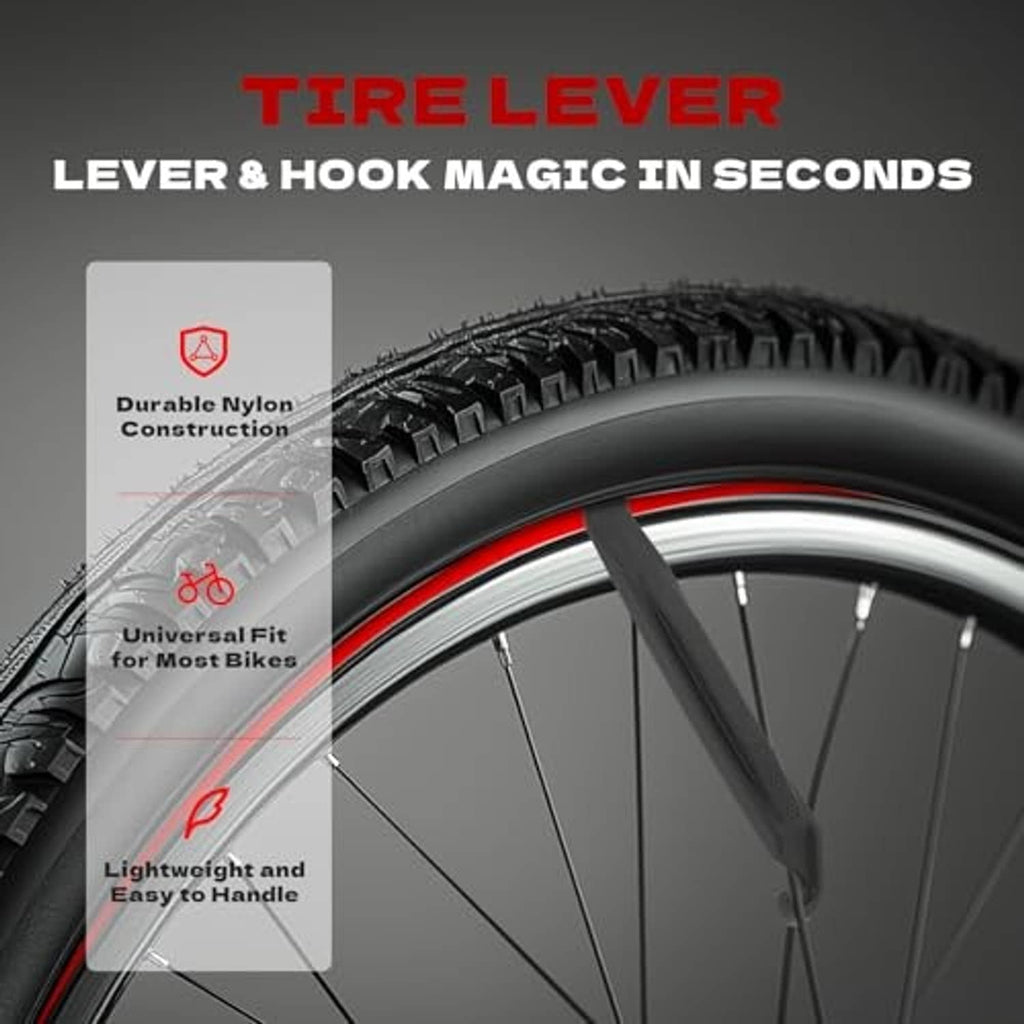 Bike tire lever with hook and durable nylon construction shown on a bicycle wheel