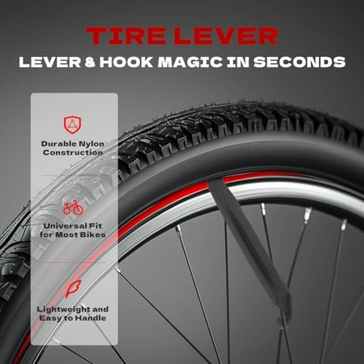 Bike tire lever with hook and durable nylon construction shown on a bicycle wheel