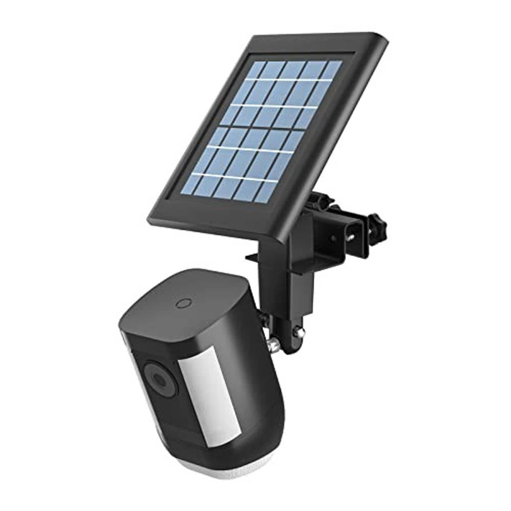 Black solar panel top and cylindrical camera light on gutter-mount bracket