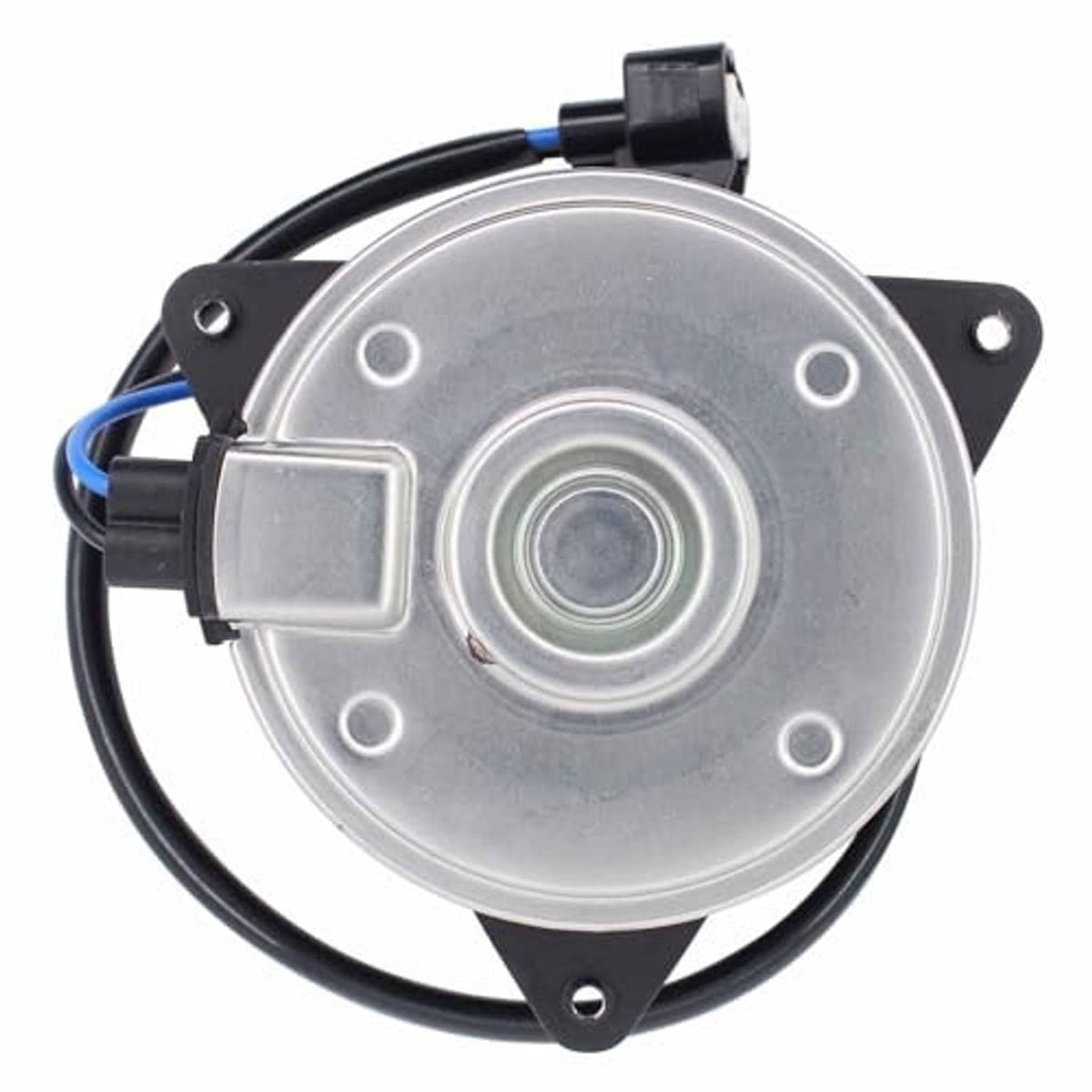 Radiator cooling fan motor with silver cover, black leads, and mounting holes