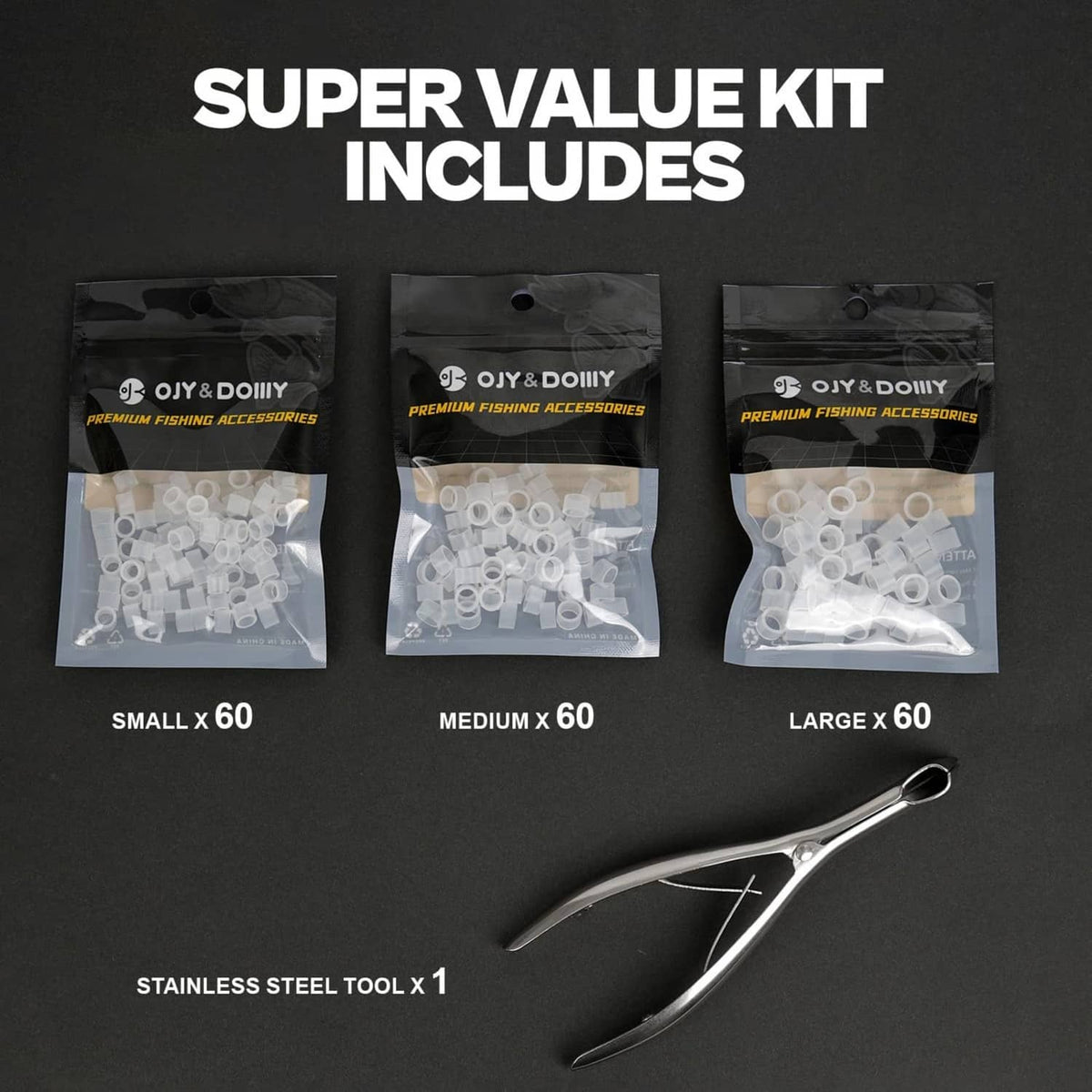 180-piece silicone O-ring kit with bagged ring sizes and stainless steel install tool