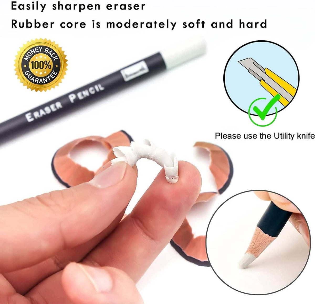 Eraser pencil set with three dark barrels and white eraser tips for fine sketching