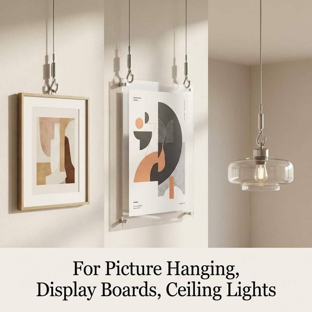 QWORK wire rope hangers holding framed picture and ceiling light fixture
