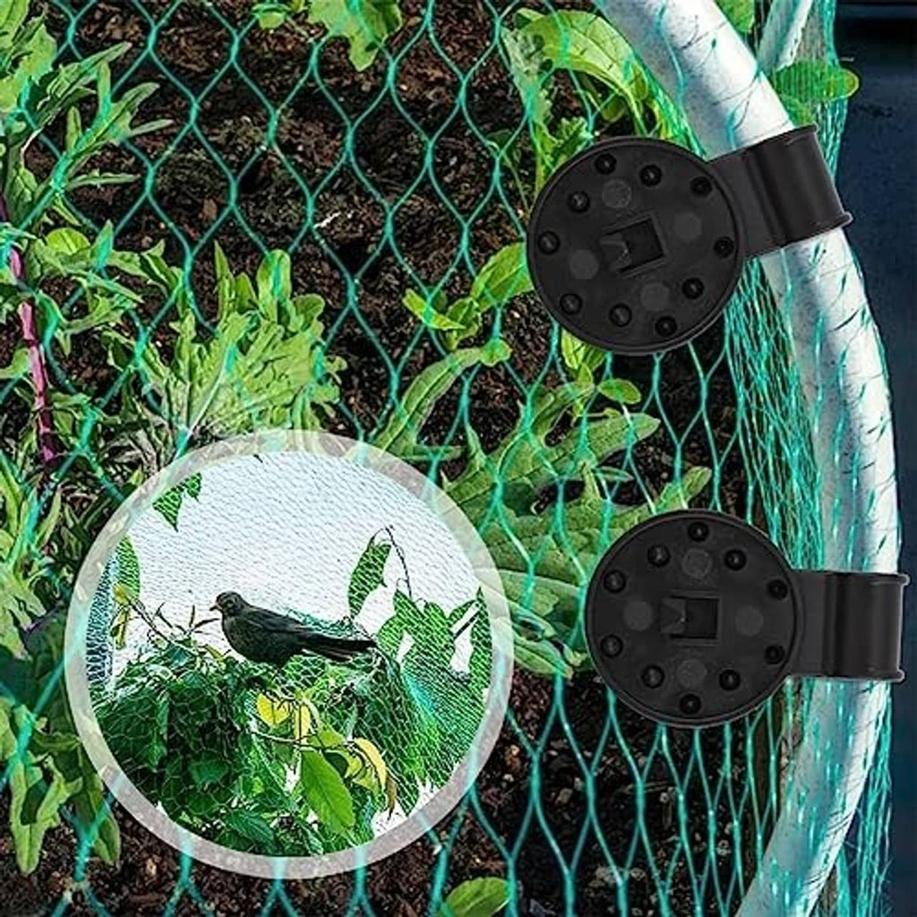 Black lock-grip shade cloth clips on blue-green netting