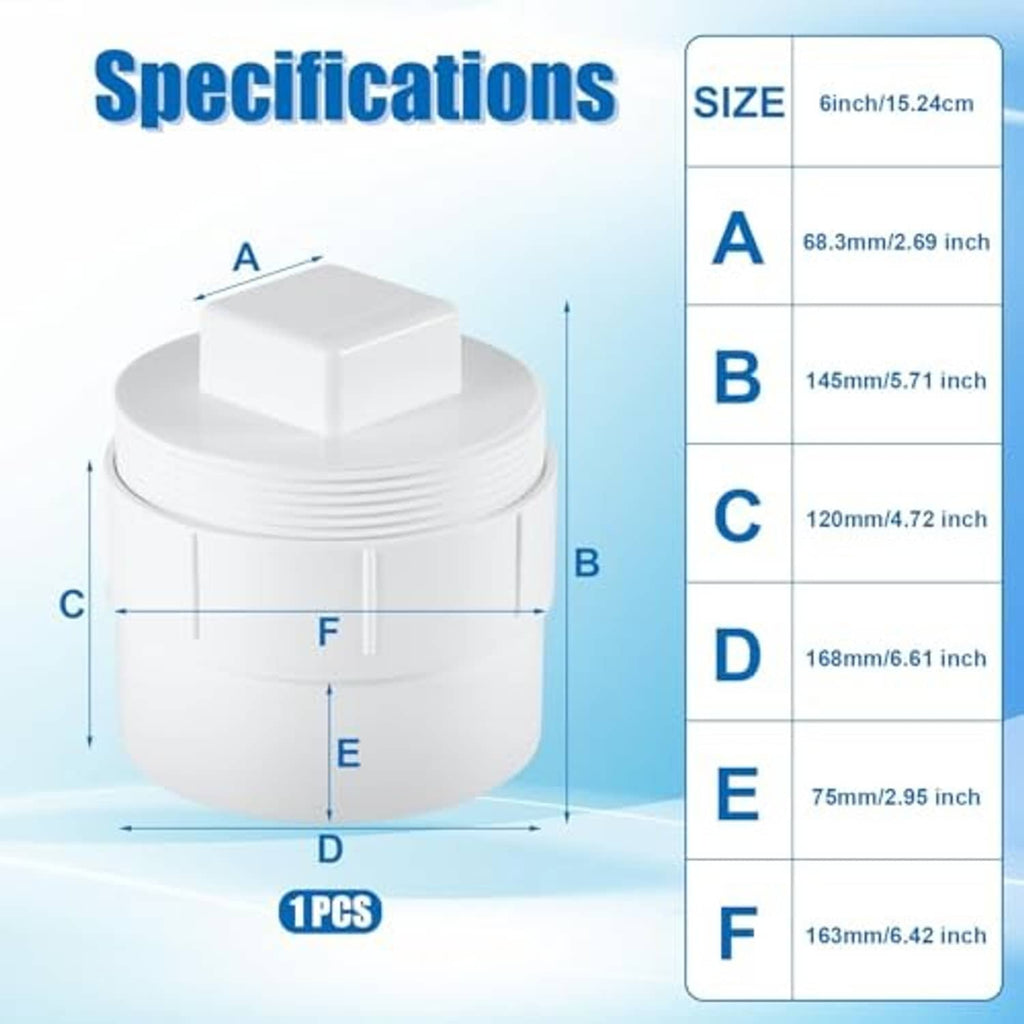 6 inch PVC sewer cleanout adapter with white threaded plug cap