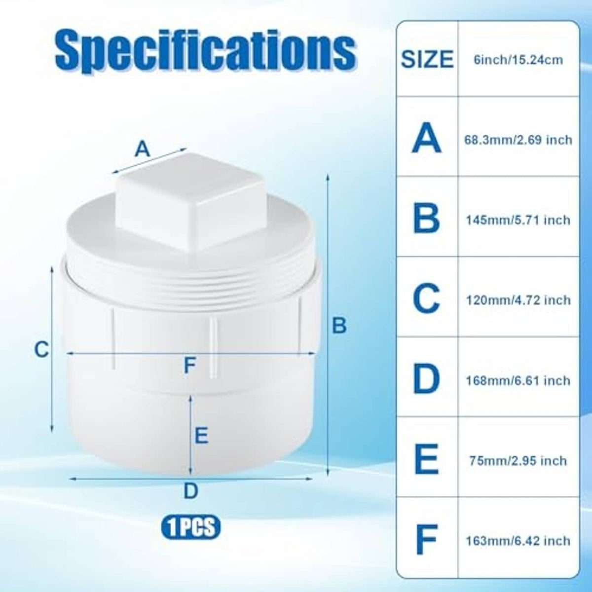 6 inch PVC sewer cleanout adapter with white threaded plug cap
