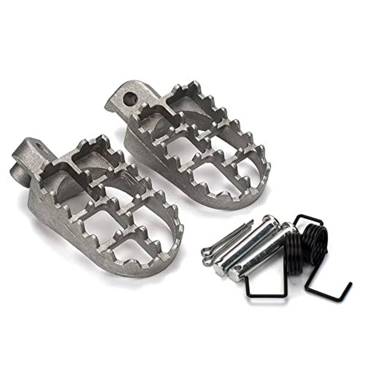 Pair of silver aluminum footpegs with raised traction blocks and mounting screws