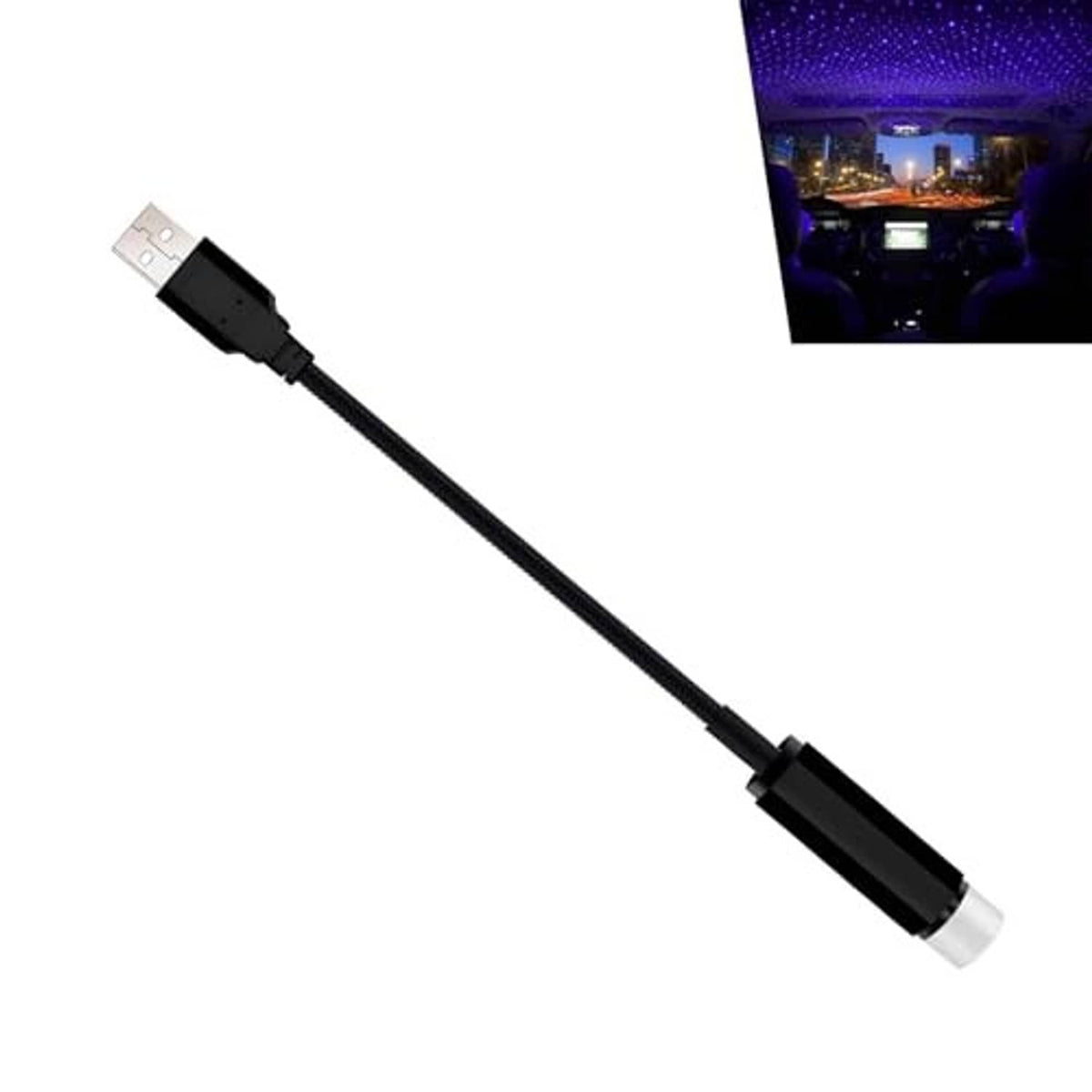 USB starlight projector night light with black housing, USB plug, and white end