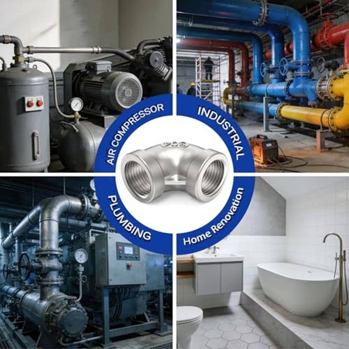 304 stainless 90-degree elbow fitting shown in a plumbing installation collage