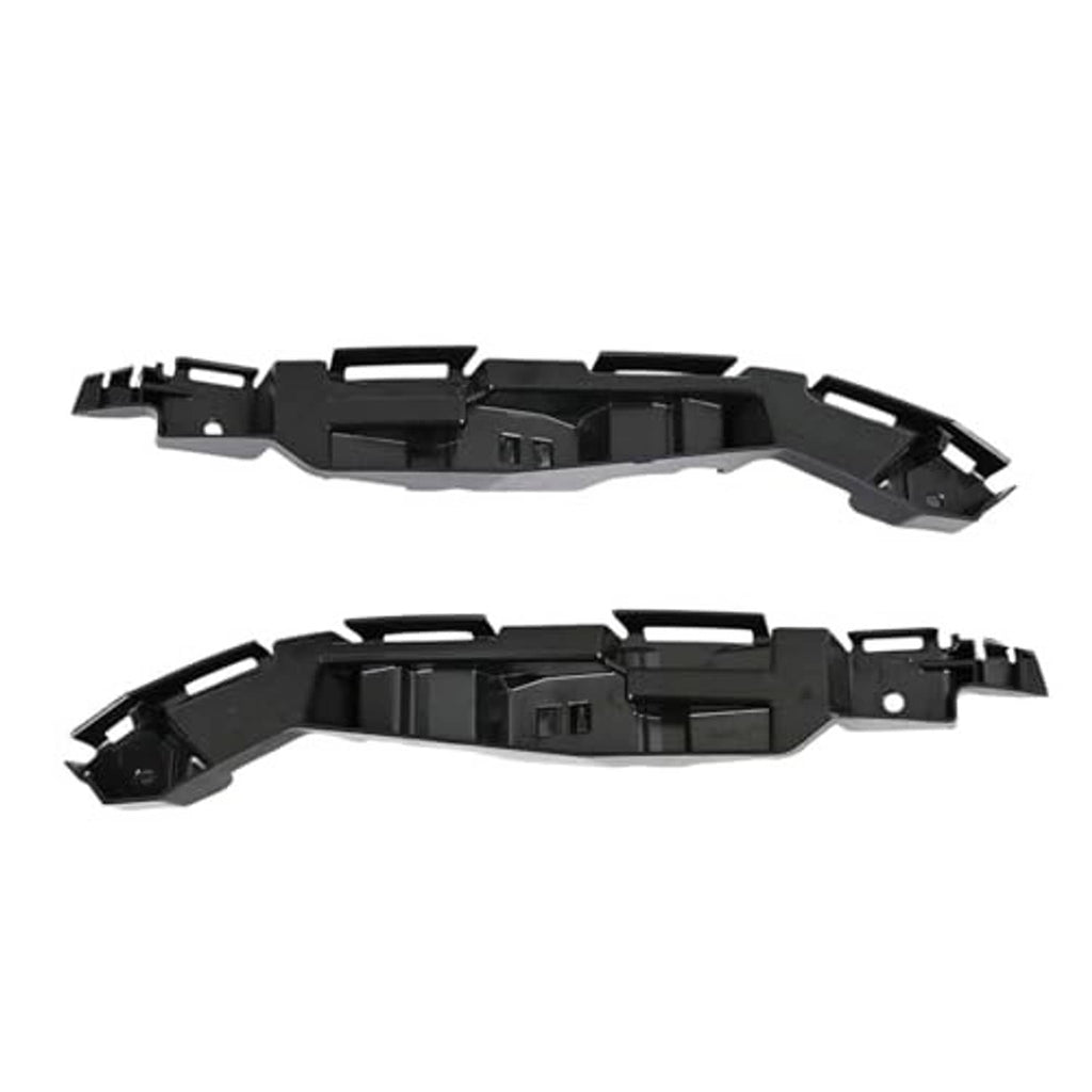 Front bumper cover support brackets, black plastic with tabs and slot openings