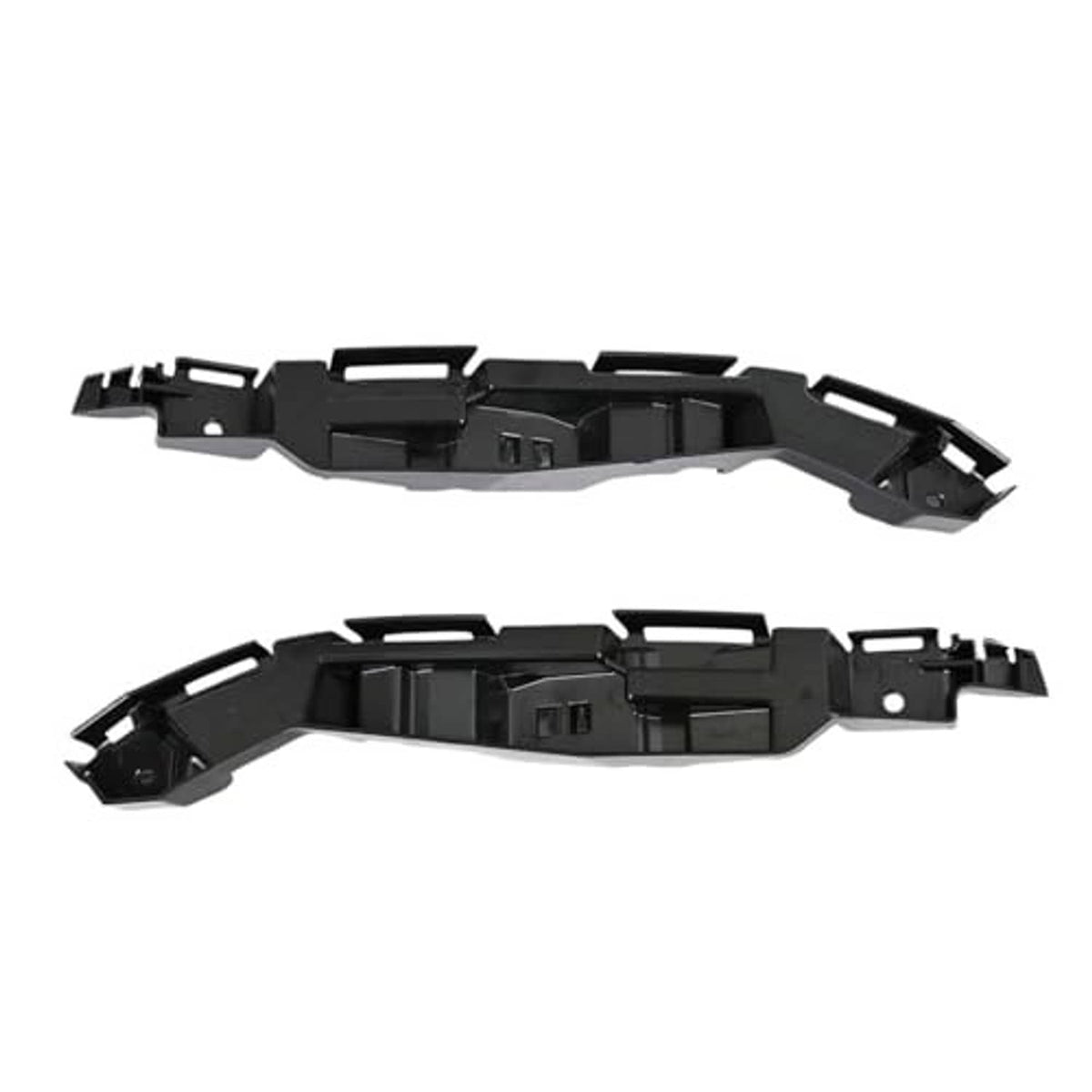 Front bumper cover support brackets, black plastic with tabs and slot openings
