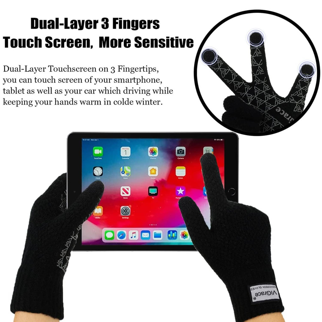 Black knit touchscreen gloves with patterned three-fingertip touch design and ribbed cuffs