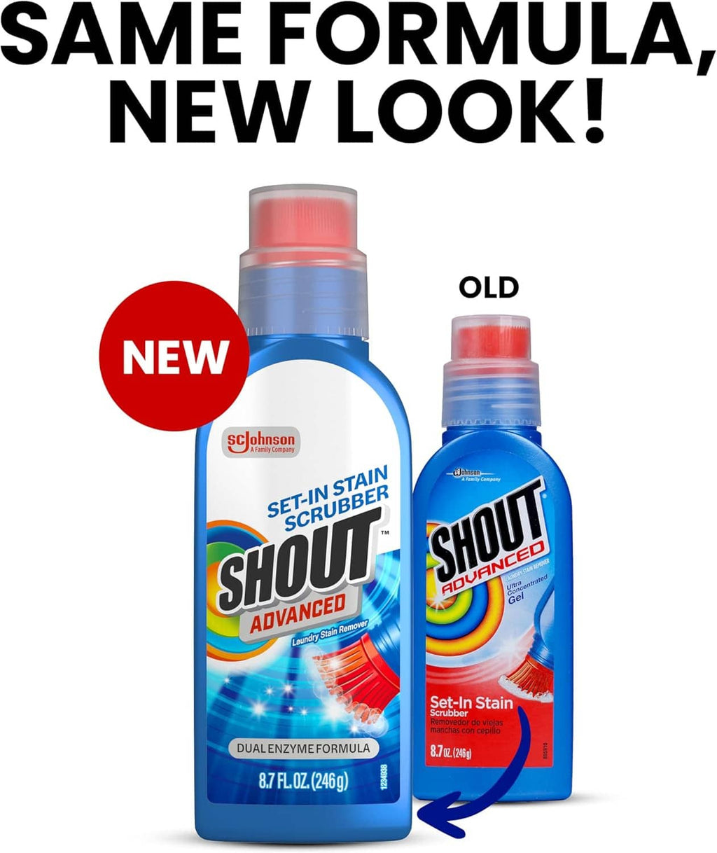 Two blue Shout Advanced stain remover gel bottles, tall and small, both with red caps.