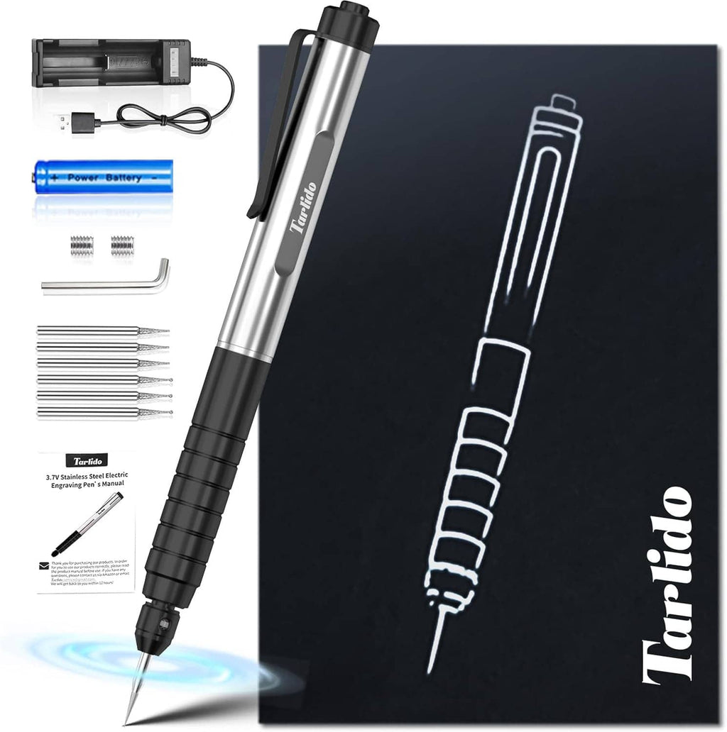USB rechargeable cordless engraving pen, metallic silver and black rotary carver tool