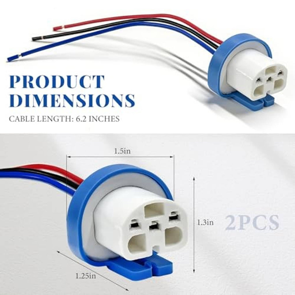 Headlight wiring harness pigtail connector with white socket and blue ring, red/blue wires