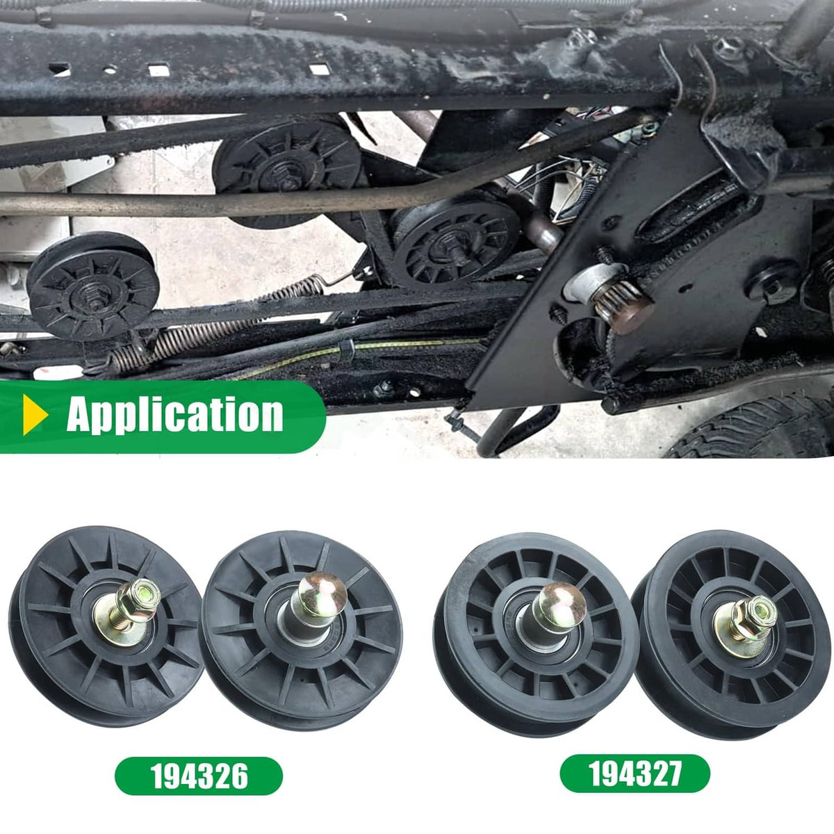 Four black idler pulleys shown on mower deck area, with metal axle centers