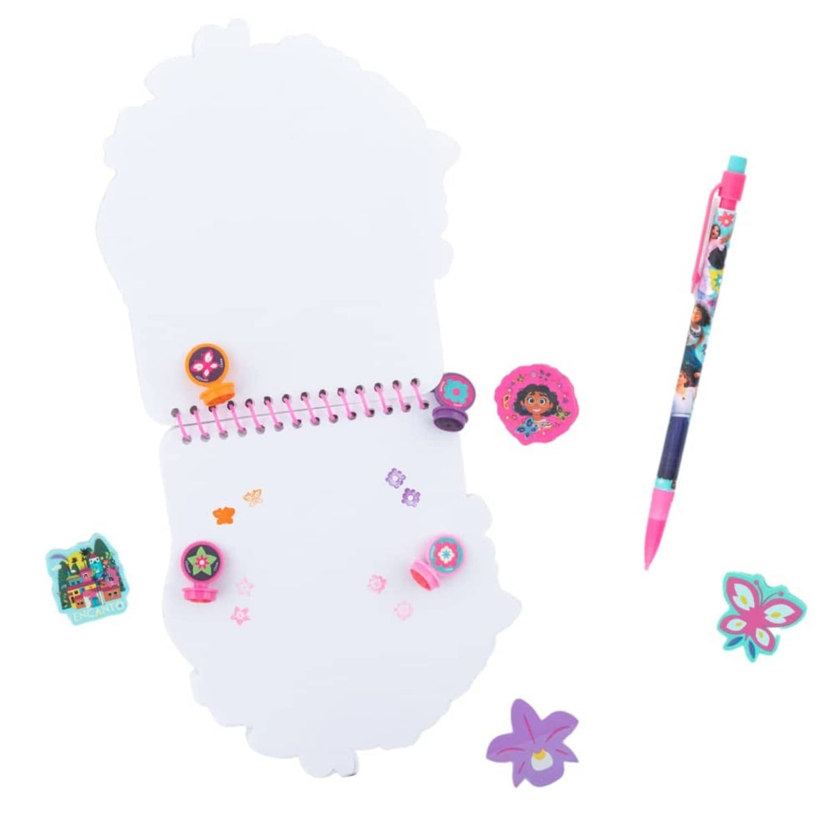 Encanto notepad with blank pages, stickers, erasers, and decorated mechanical pencil