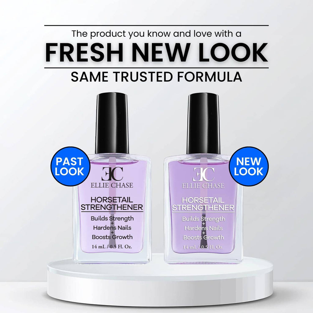 Two purple nail strengthener bottles with black caps on a white display