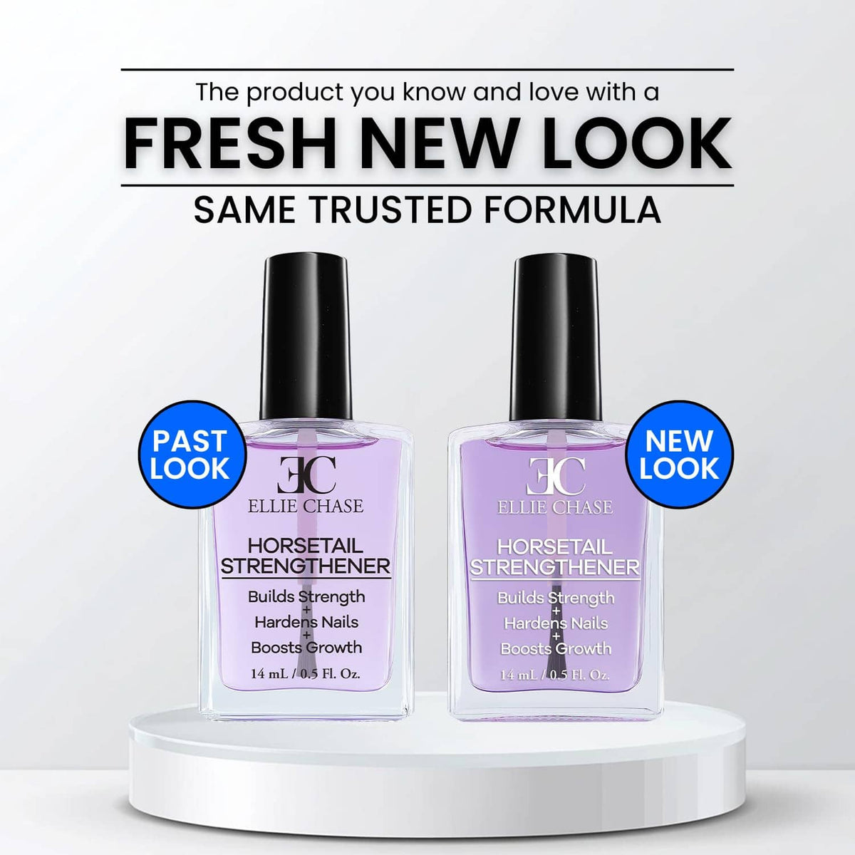 Two purple nail strengthener bottles with black caps on a white display