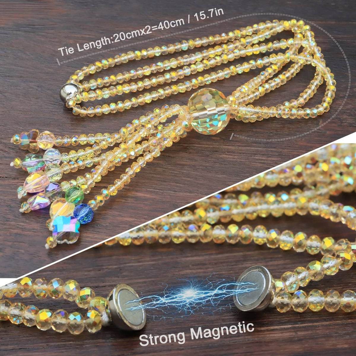 Magnetic curtain tieback with round silver magnet and gold crystal bead strands