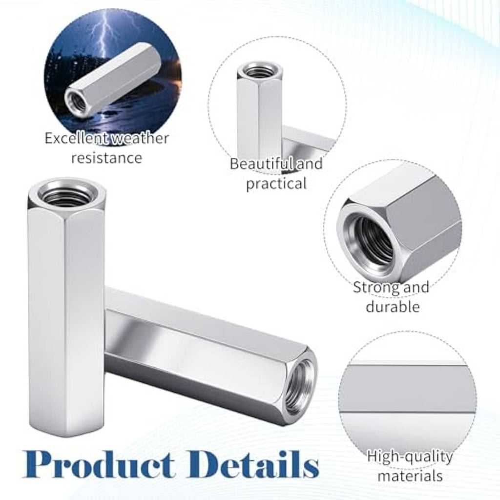 Hex coupling nut with internal threads, silver stainless-style finish, 4-pack